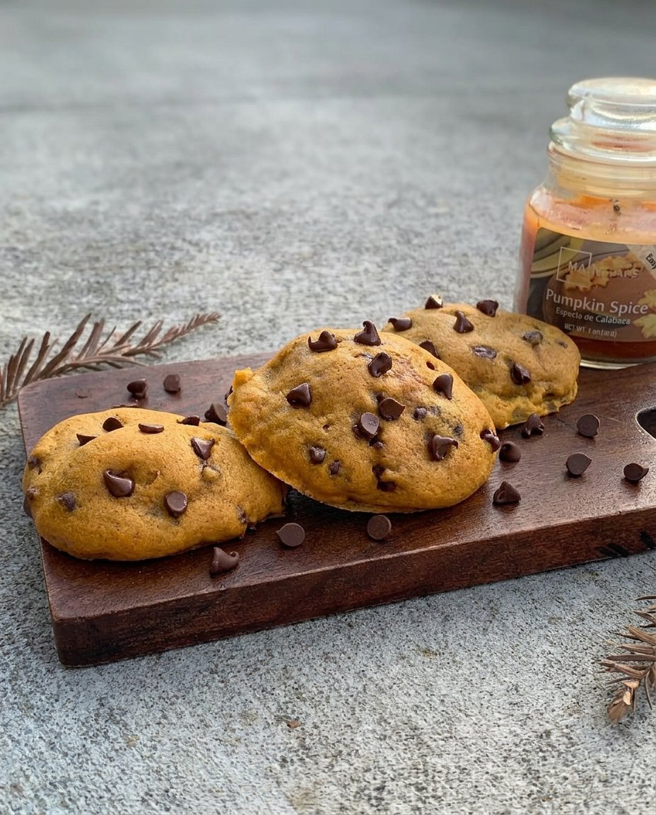 A plate of pumpkin chocolate chip cookies next to a glass of milk