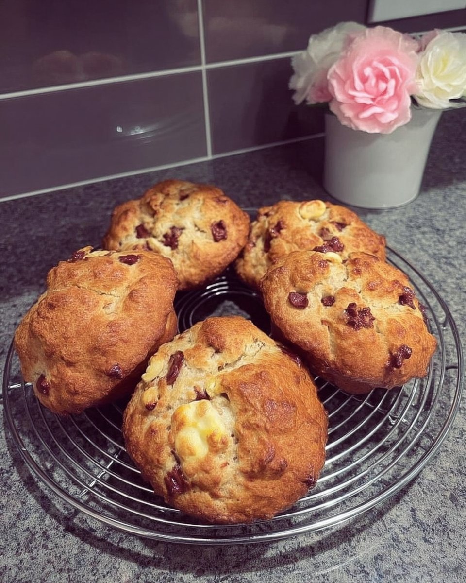A thick chocolate chip cookie broken in half next to a glass of milk.
