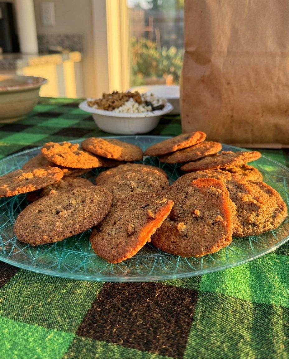 A stack of thin chocolate chip cookies next to a glass of cold milk