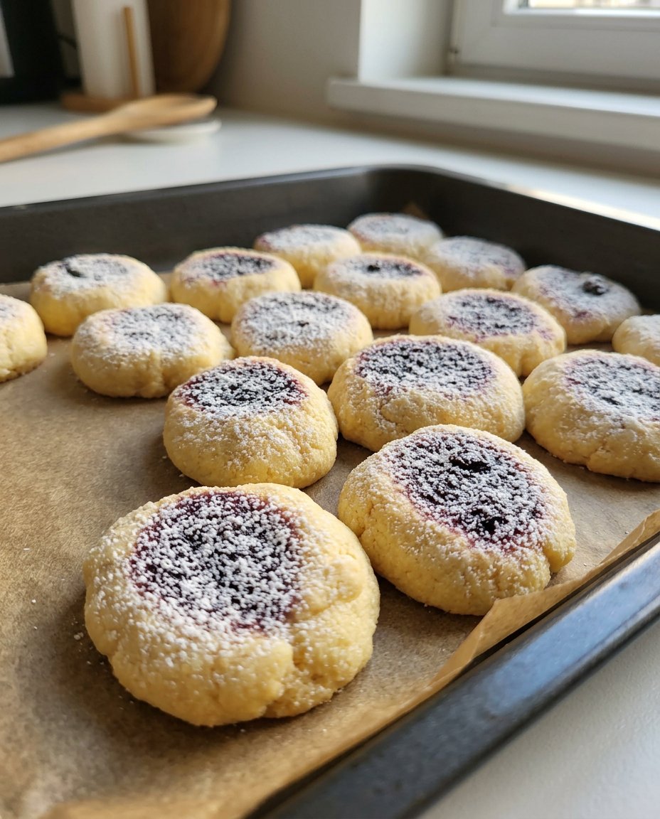 Thumbprint cookies arranged on a platter next to a cup of tea