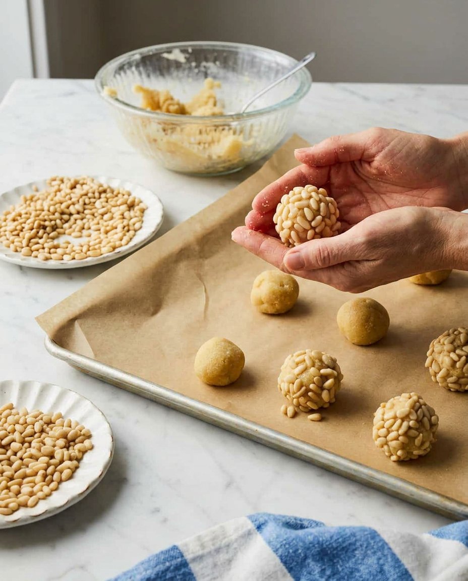 Hands rolling almond dough balls in pine nuts