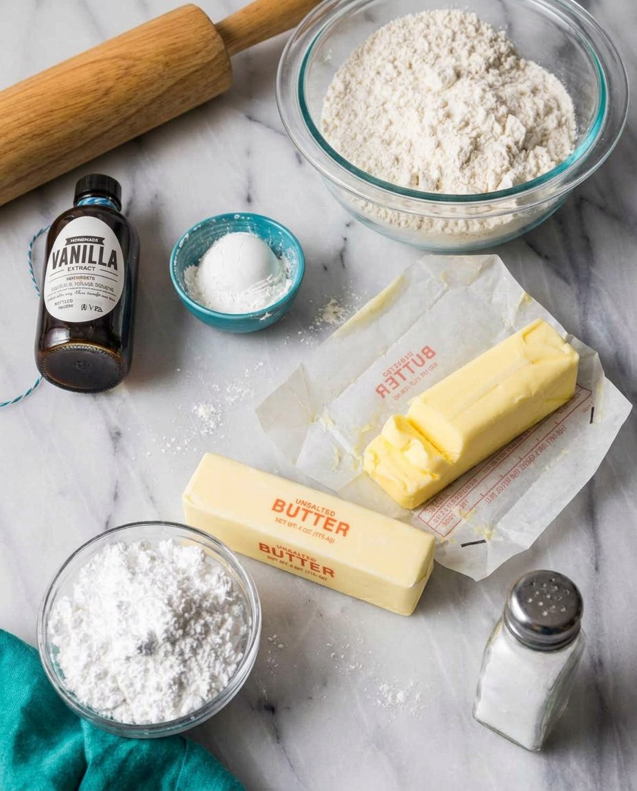 Butter powdered sugar and flour measured out for cookies