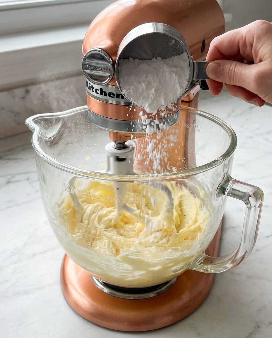 Ingredients for shortbread cookies including butter flour and sugar on a wooden board