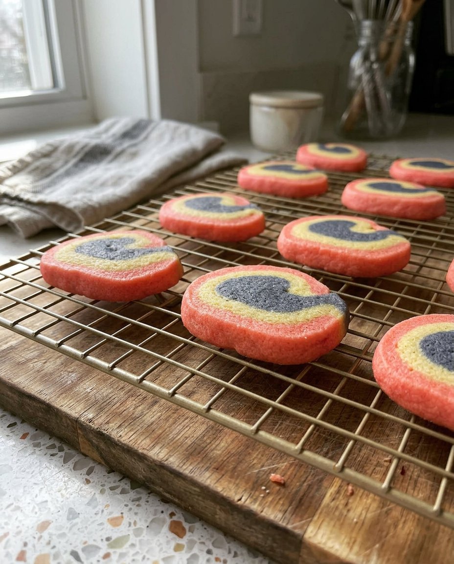 Freshly baked pinwheel cookies cooling on a wire rack