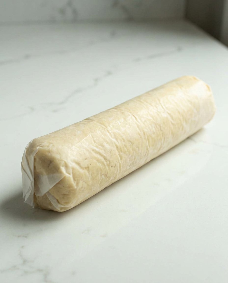 Slicing chilled shortbread dough into rectangles with a pizza cutter