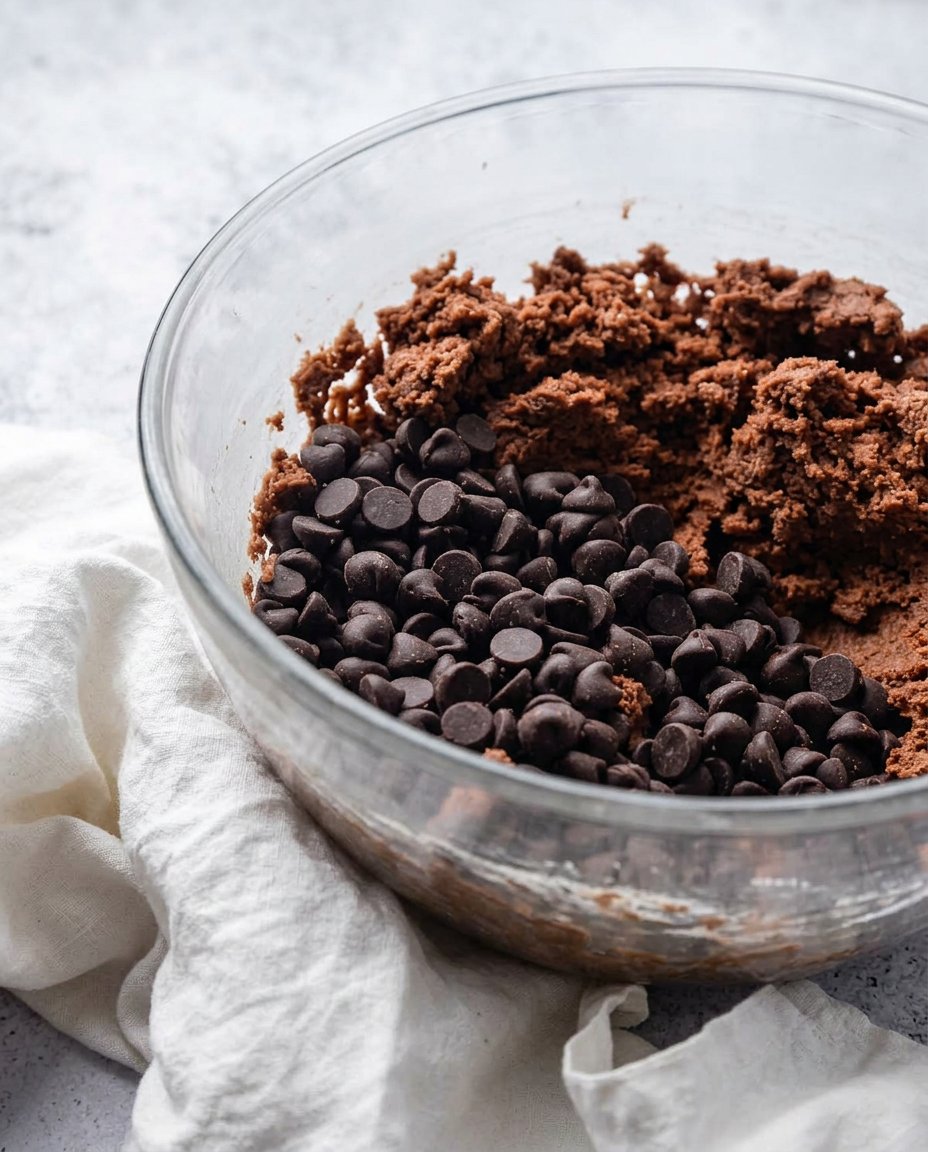 A close up of a broken gluten free chocolate chip cookie showing the soft interior.