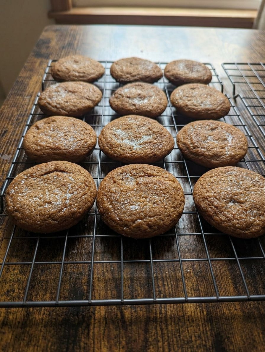 An overhead view of soft molasses cookies with cracked tops and sugar coating