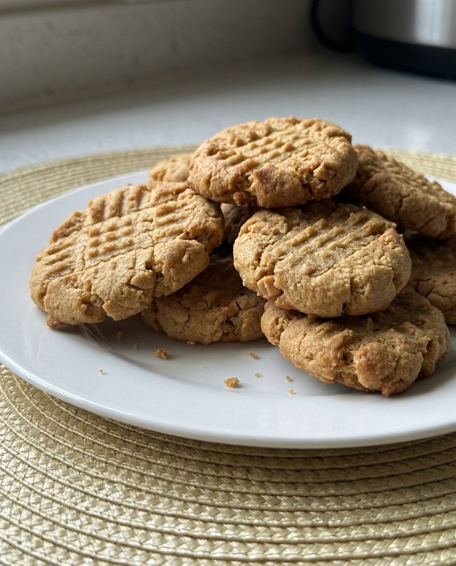 A close up of soft peanut butter cookies showing a tender crumb and criss cross pattern