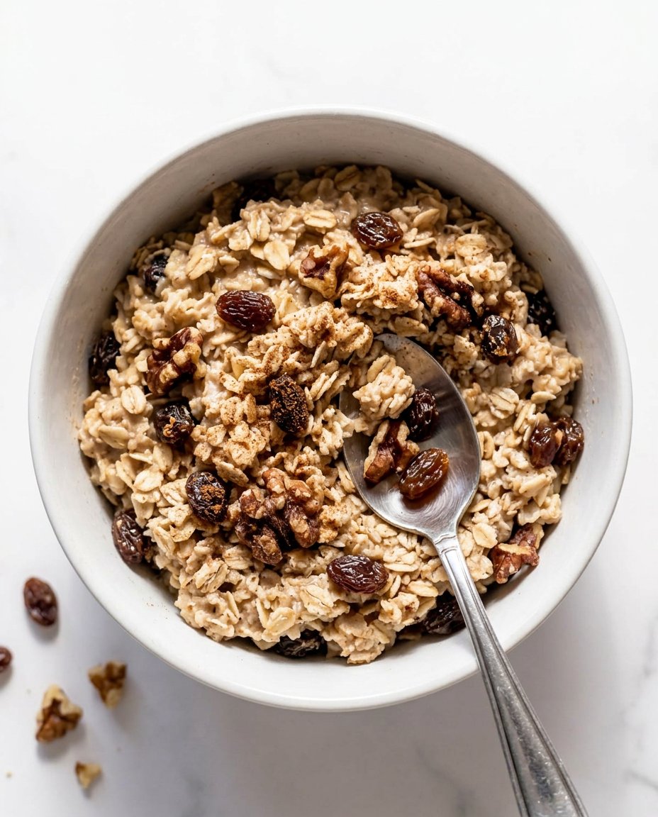 Bowls of oats, cinnamon, cardamom, raisins and walnuts on a wooden table