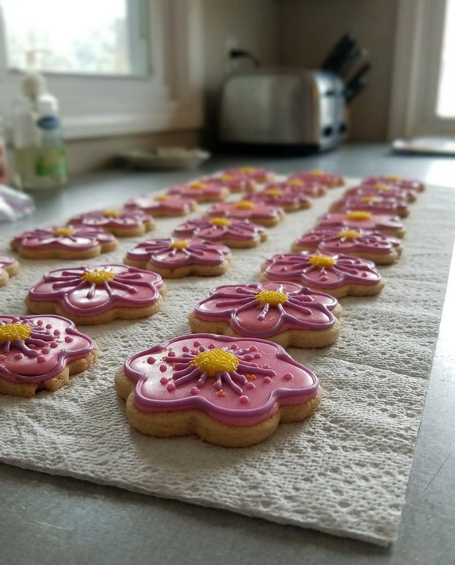 A layout of spring flower cookies on a cooling rack with pastel decorations