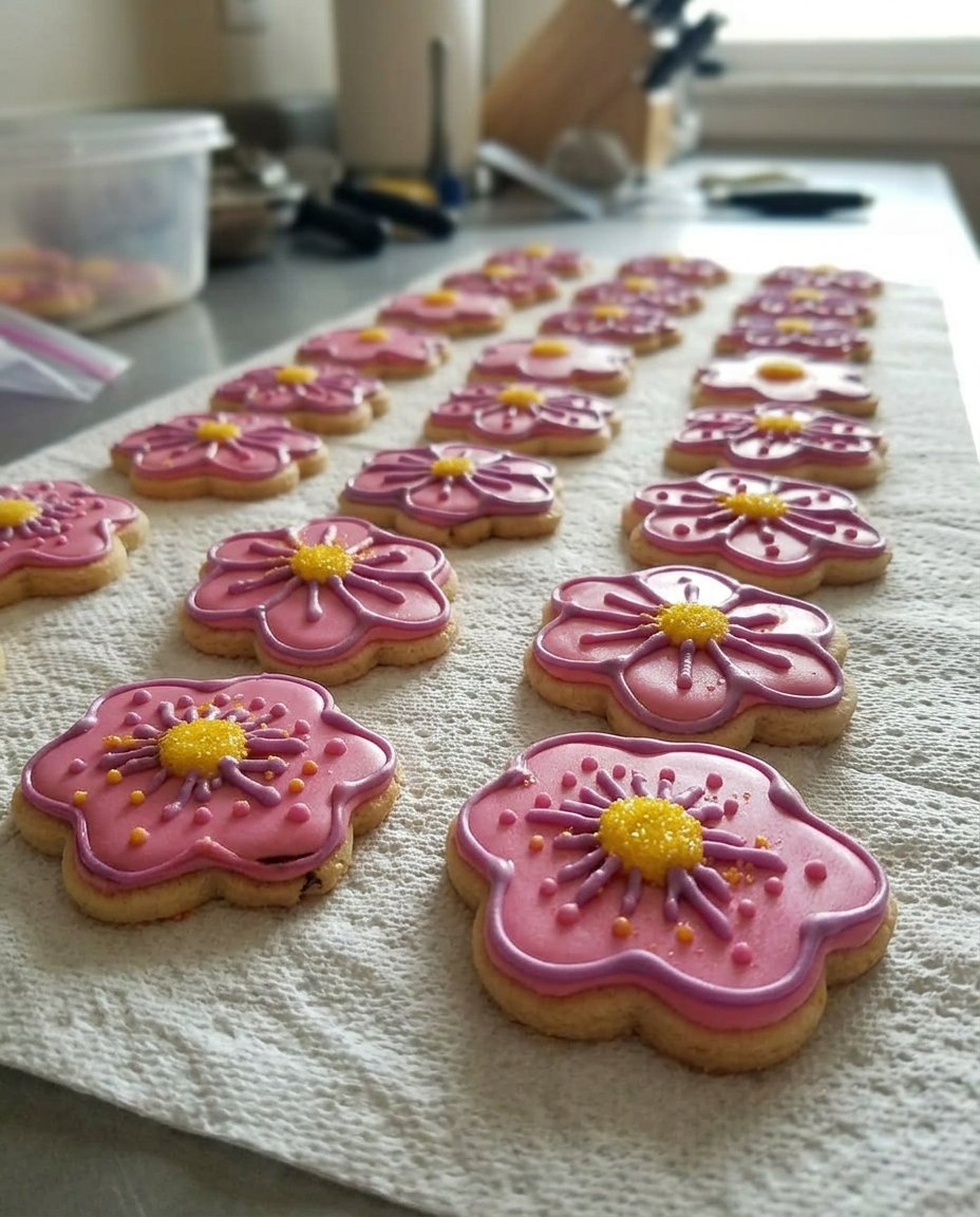 A decorative plate filled with spring flower cookies and a cup of tea