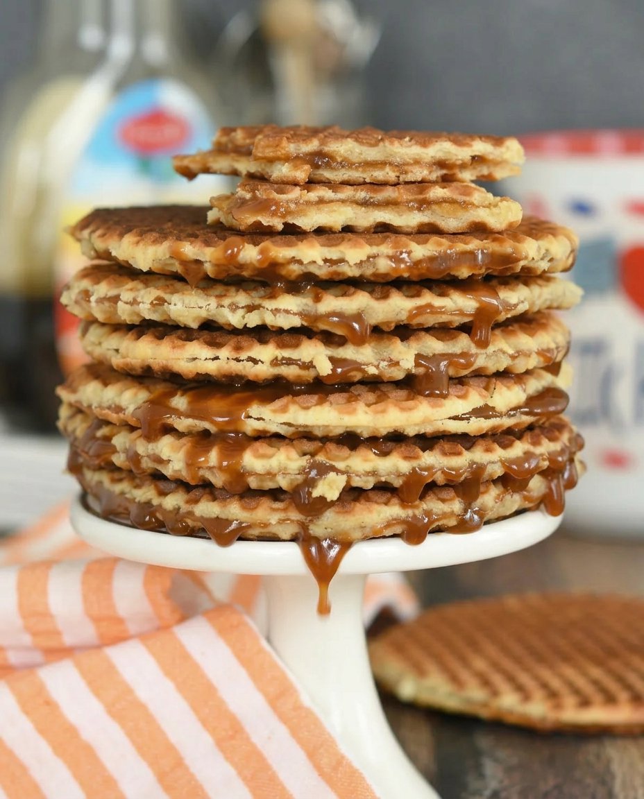 A stack of homemade stroopwafel cookies 2 showing the caramel filling