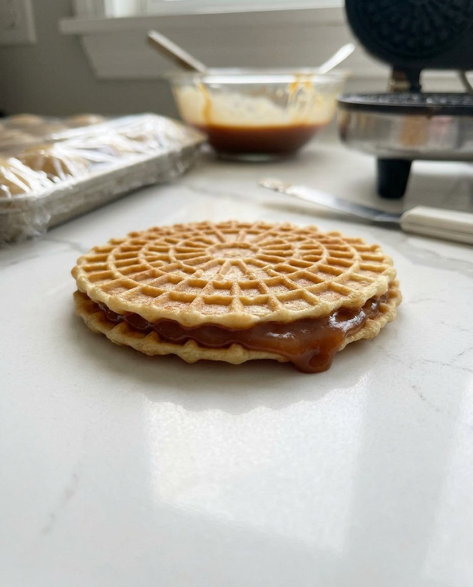 Slicing a hot stroopwafel cookie 2 with a serrated knife