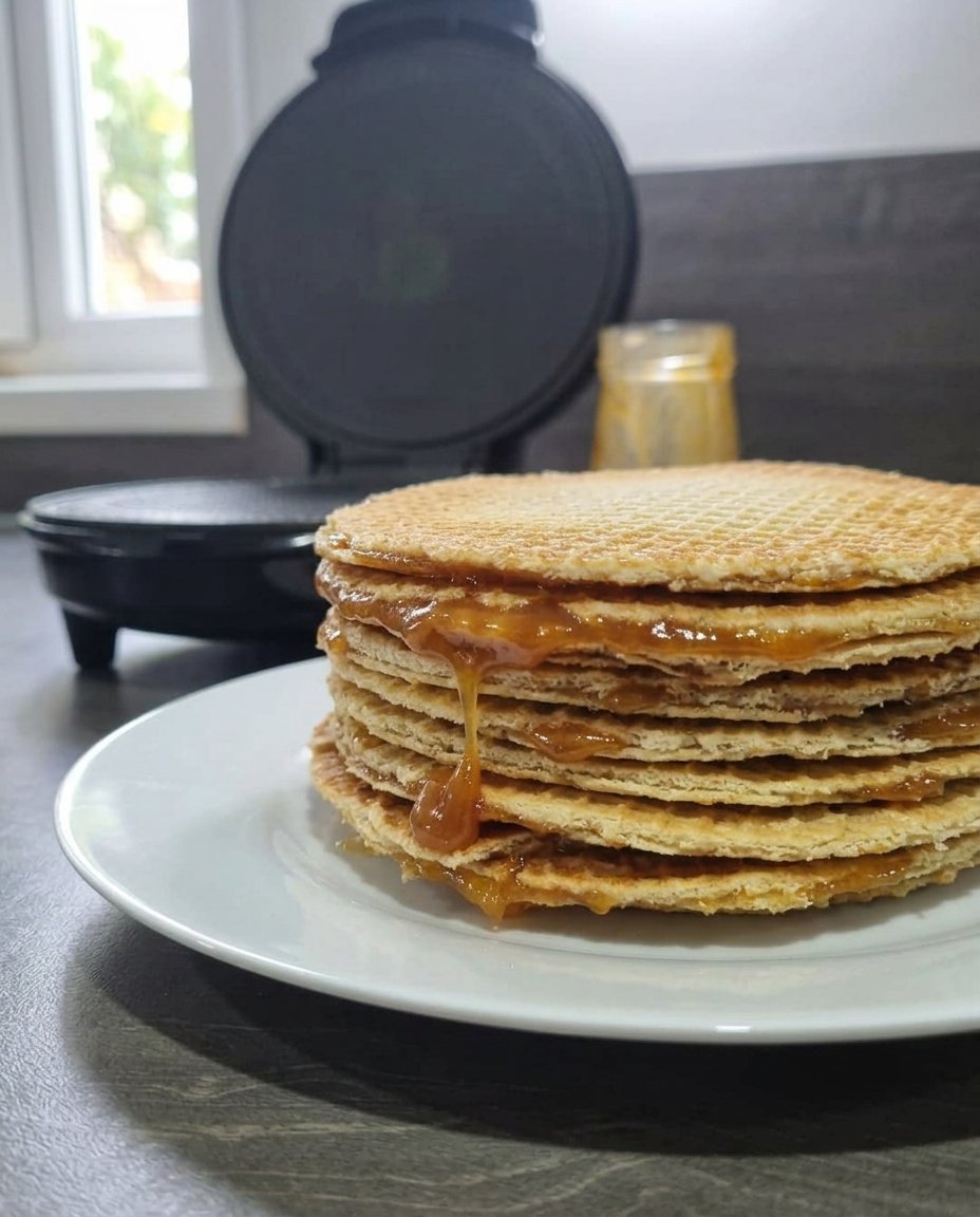 Golden brown stroopwafel cookies stacked with visible syrup filling