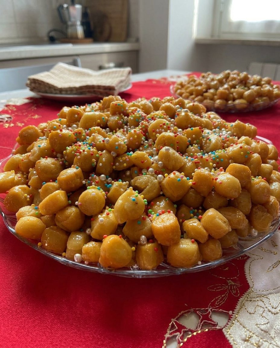 A mound of golden fried struffoli coated in honey glaze with colorful sprinkles