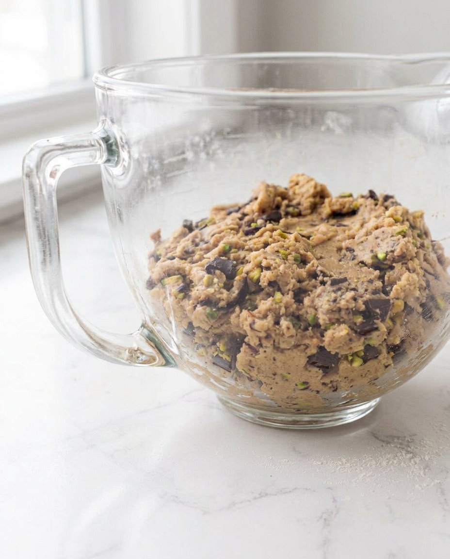 Hand stuffing cookie dough with a green pistachio cream center