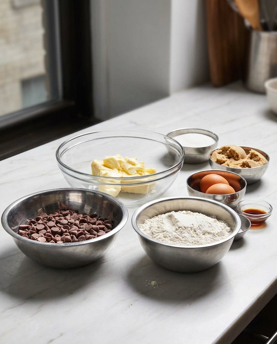 Measured bowls of flour, sugar, butter, and eggs on a marble counter