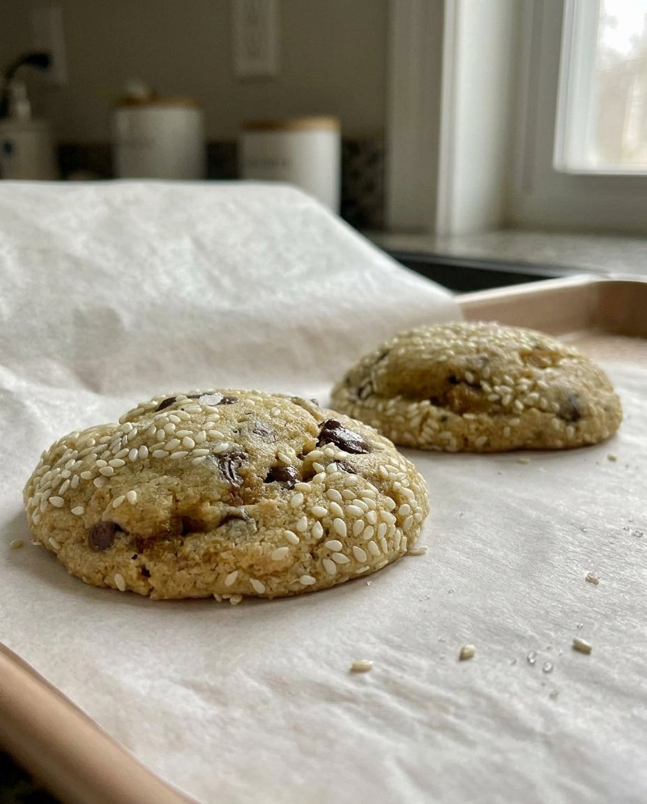 A close up of a chewy tahini chocolate chip cookie with visible sesame seeds and melted chocolate.