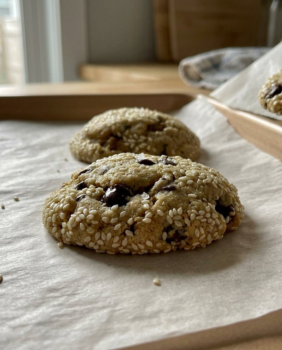 A plate of tahini chocolate chip cookies served next to a cup of dark coffee.
