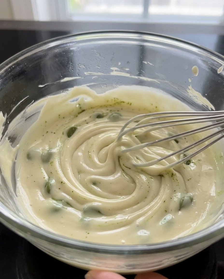 Stirring green melted matcha chocolate in a glass bowl