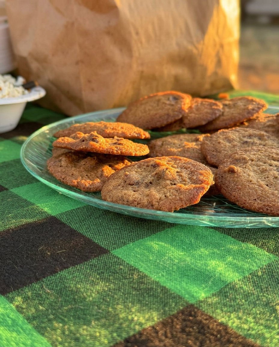A tray of golden brown thin chocolate chip cookies cooling on a wire rack