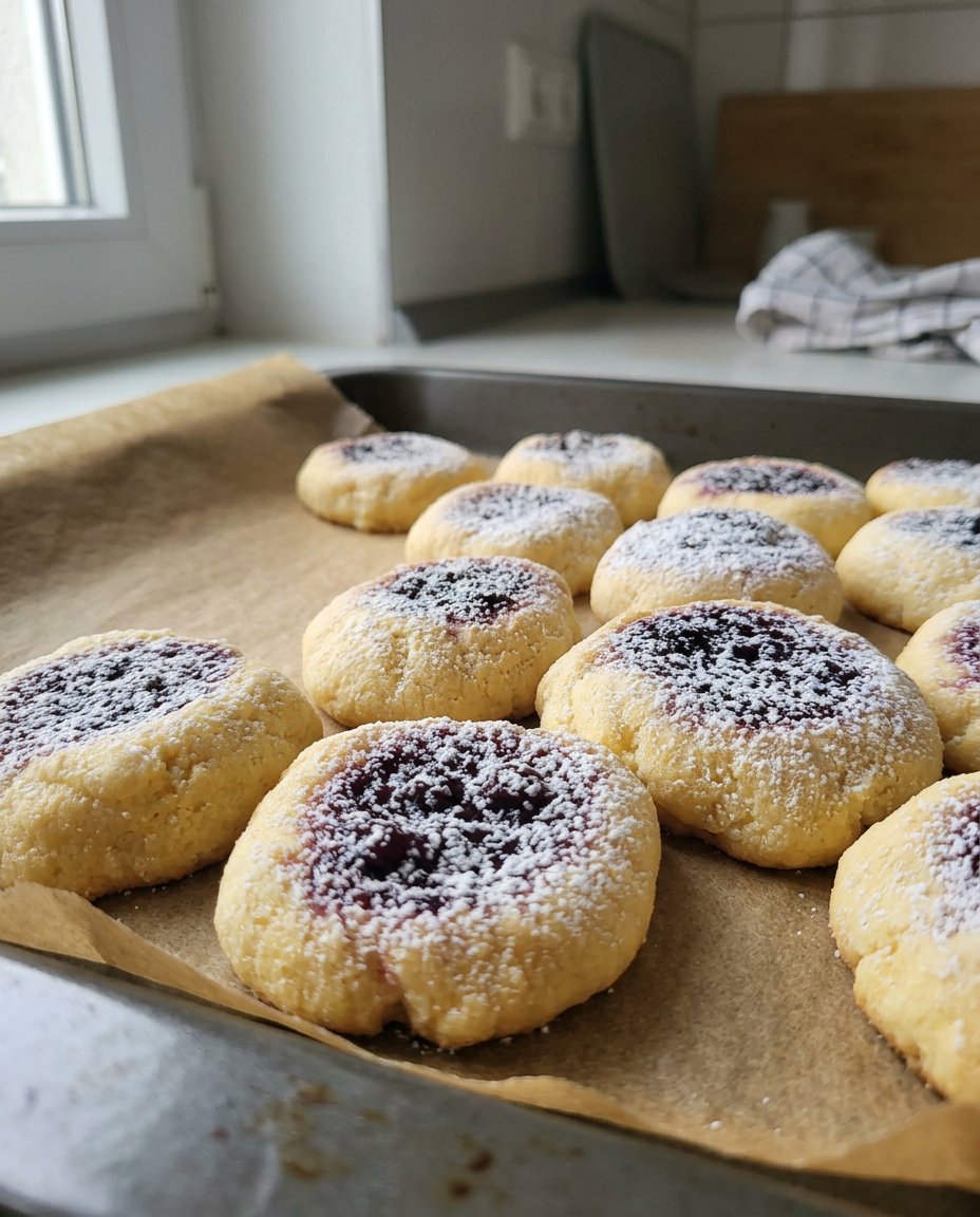 A close up of freshly baked thumbprint cookies with red jam centers and white icing drizzle