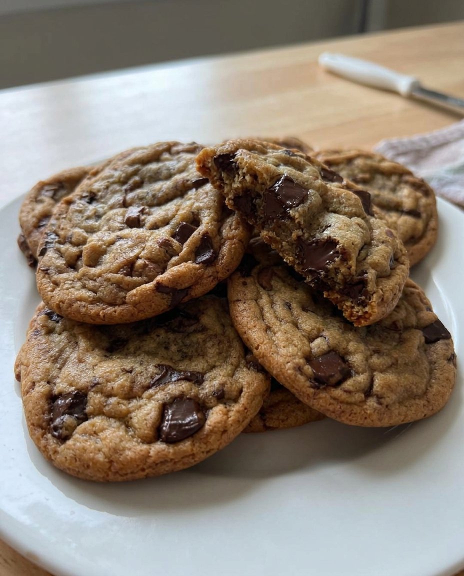 A close up of ultimate chewy chocolate chip cookies with melted chocolate chunks and sea salt