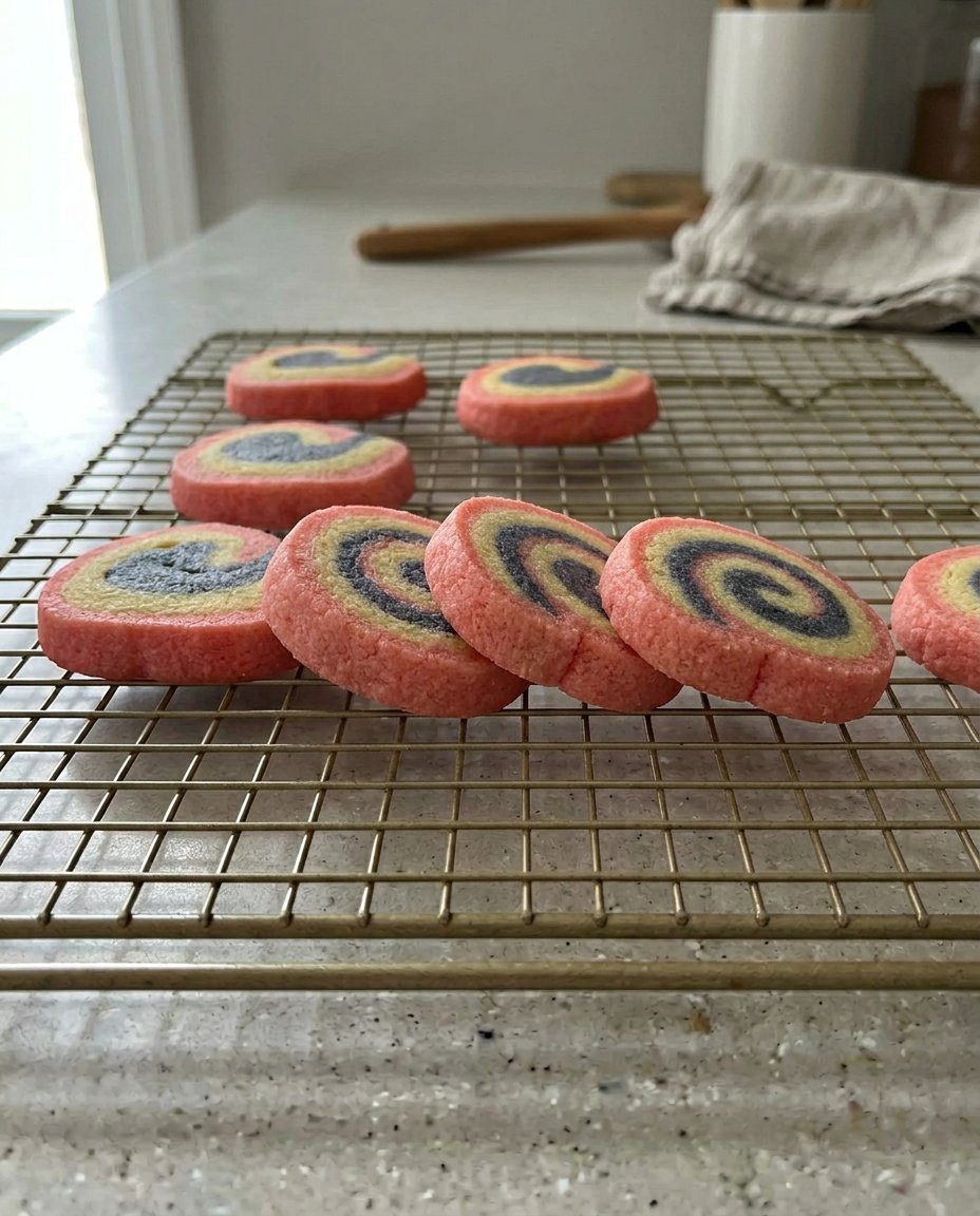A close up of vanilla and chocolate pinwheel cookies with a perfect spiral pattern