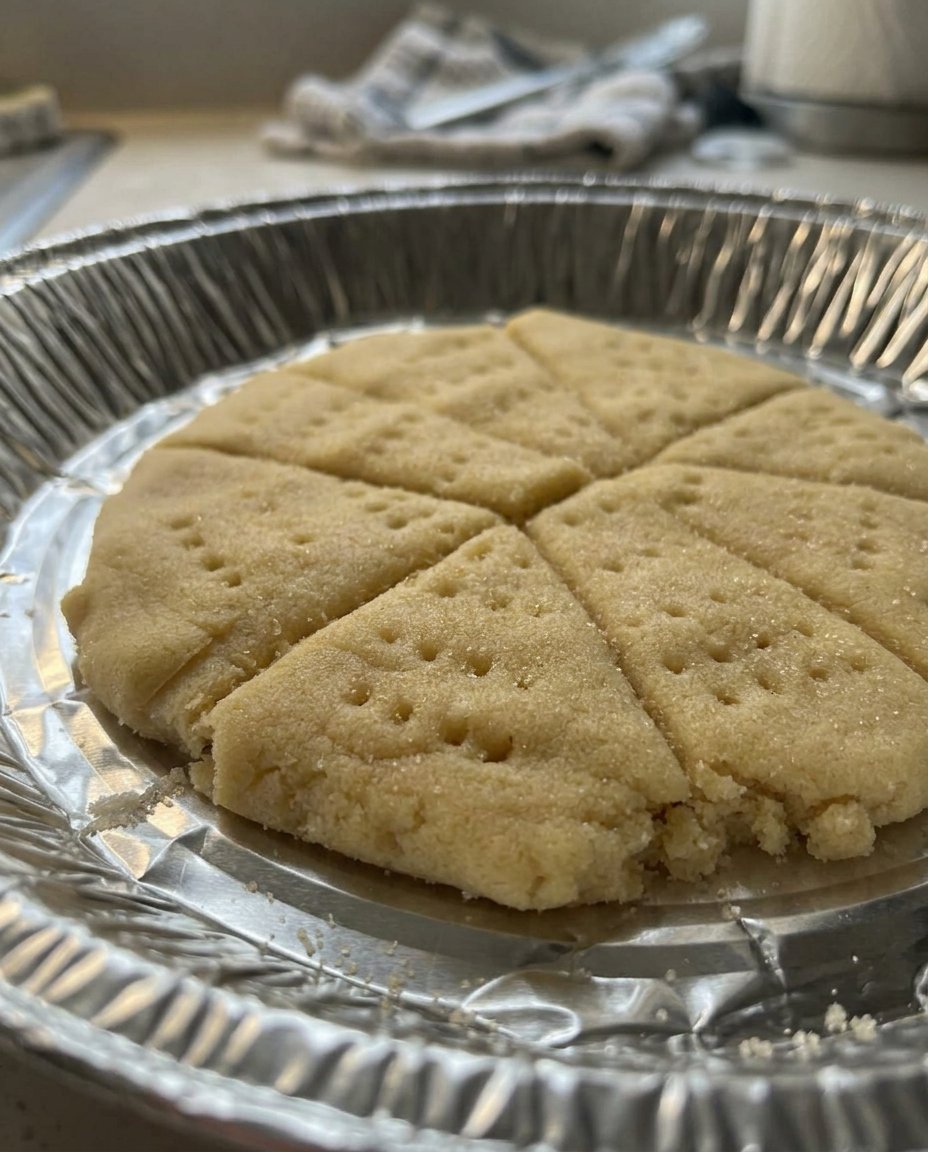 Vegan shortbread cookies arranged on a plate next to a cup of coffee