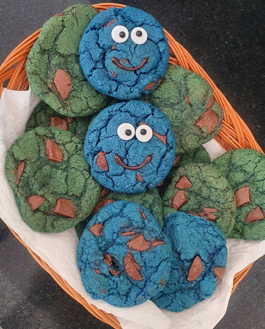 A stack of vibrant blue character cookies stuffed with a hidden oreo cookie inside