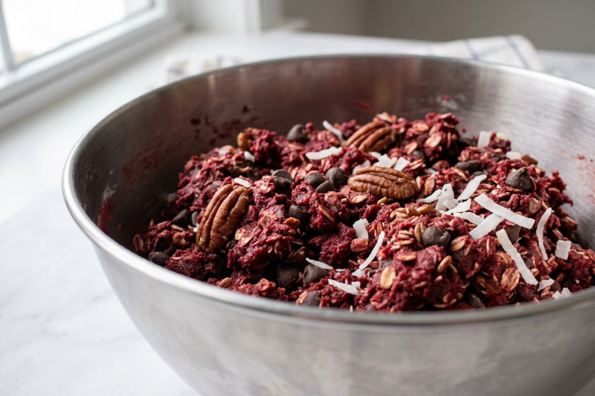 A stack of vibrant red velvet cookies with white chocolate chips