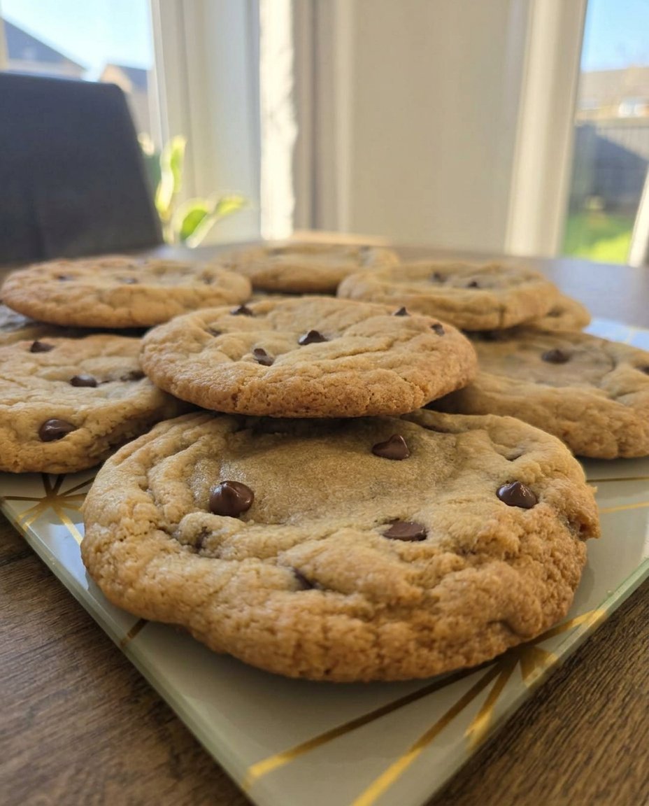 Freshly baked gluten free chocolate chip cookies served with a glass of milk.