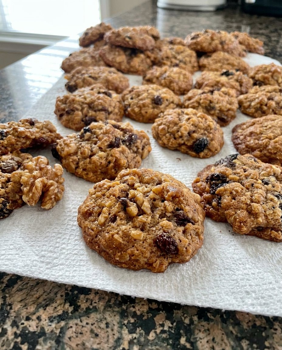 A plate of oatmeal raisin cookies next to a steaming cup of herbal tea