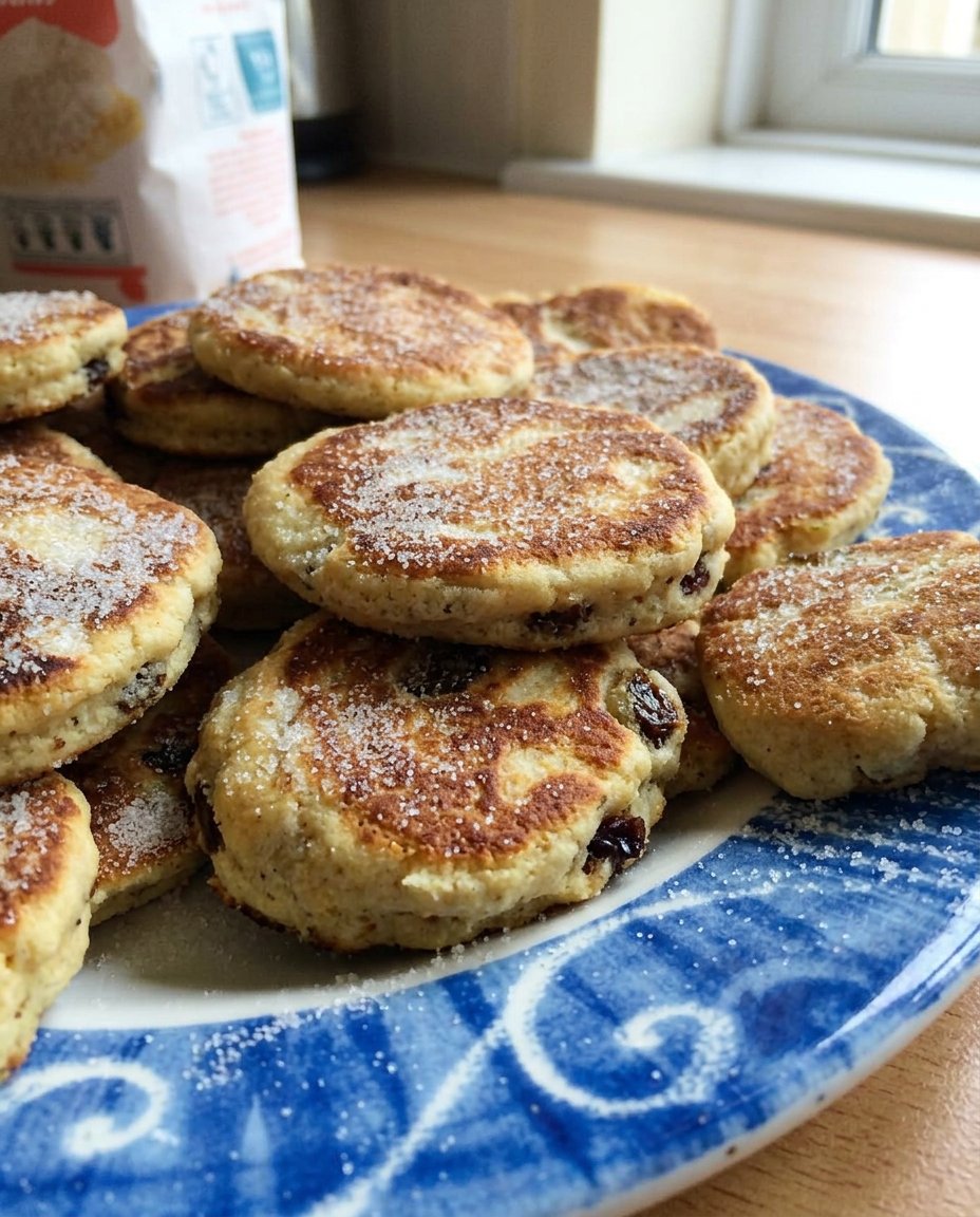 A stack of Welsh cakes served with jam and a cup of tea