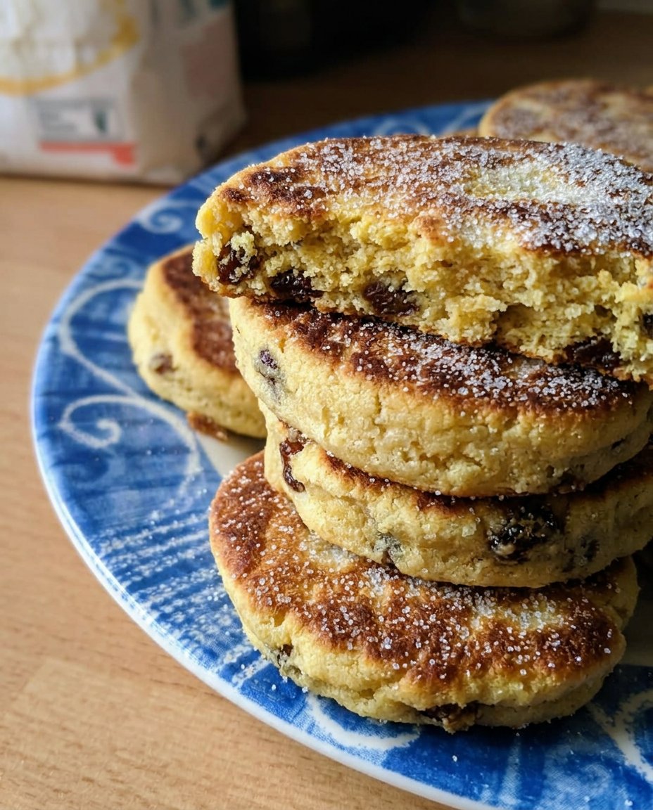 Homemade Welsh cakes dusted with sugar on a wooden board