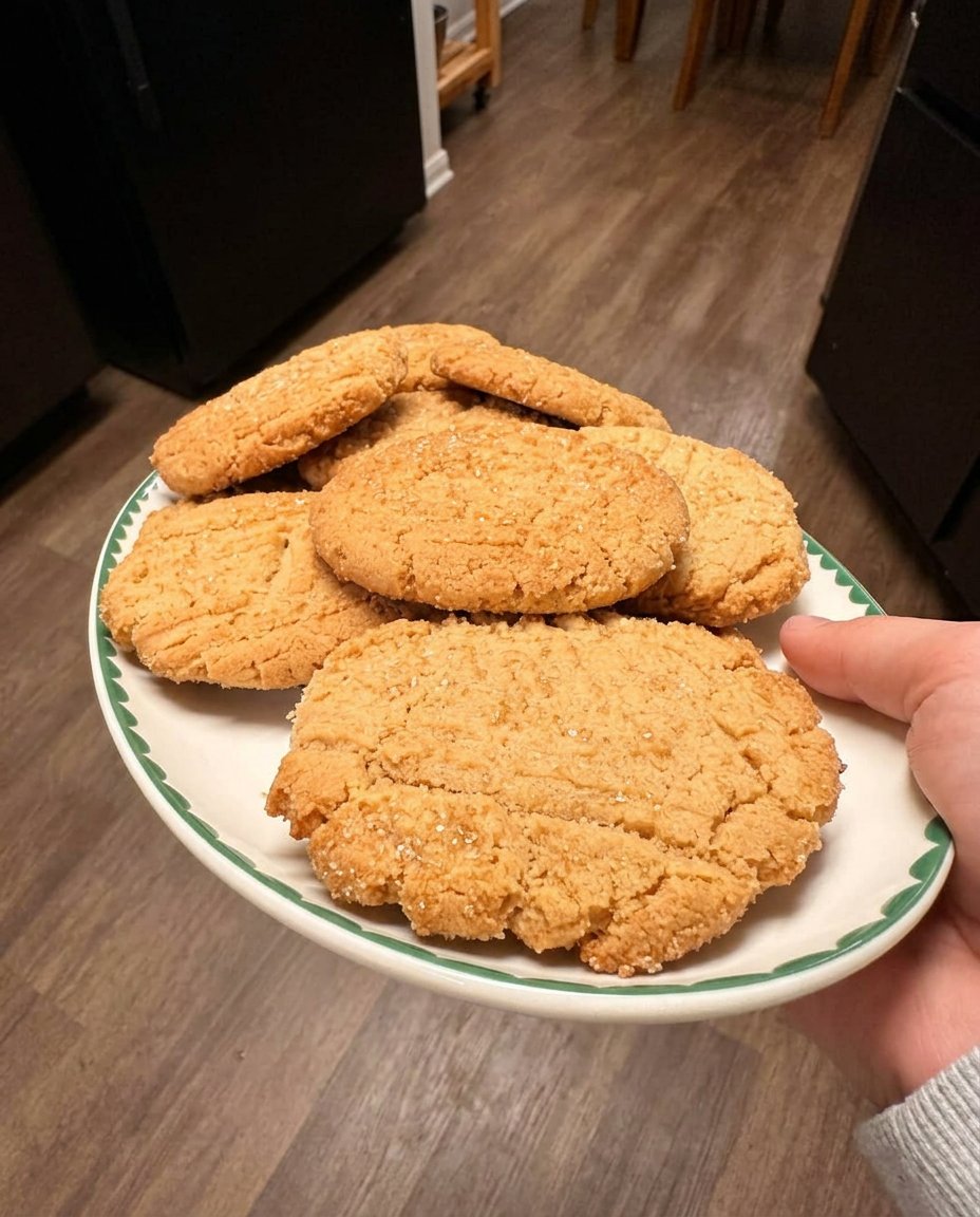 Stack of warm 3 ingredient peanut butter cookies on a vintage plate