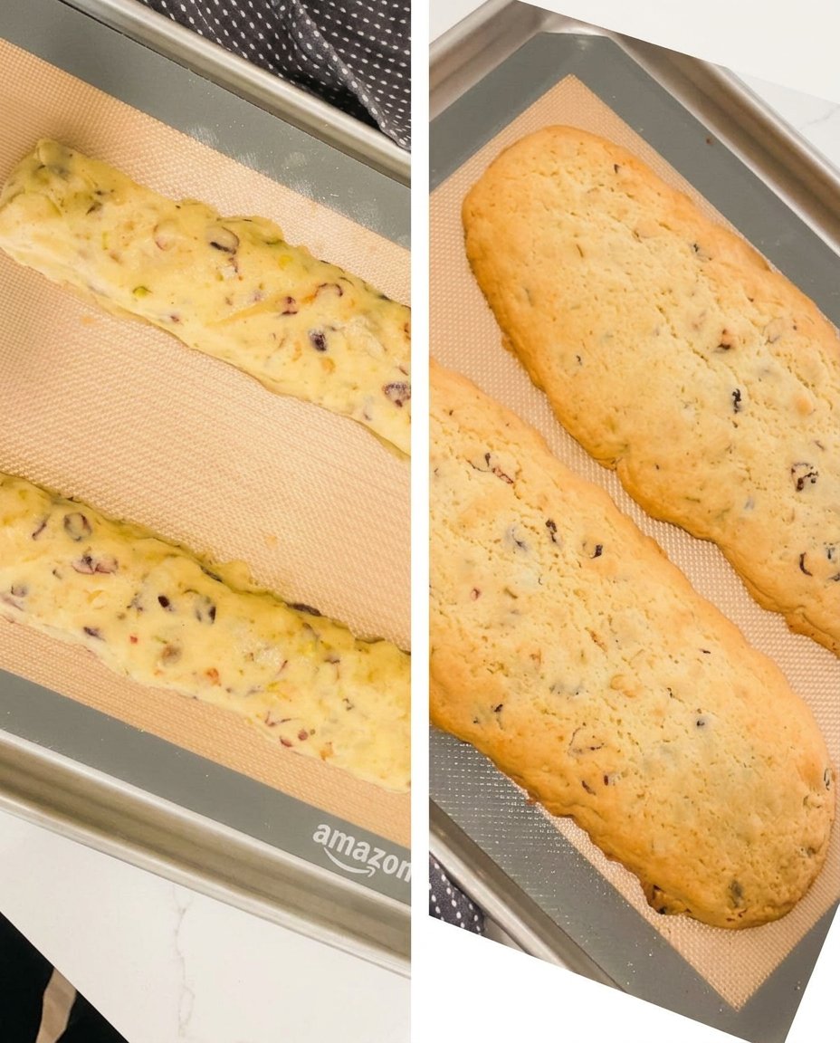Ingredients for cranberry pistachio biscotti laid out on a marble surface