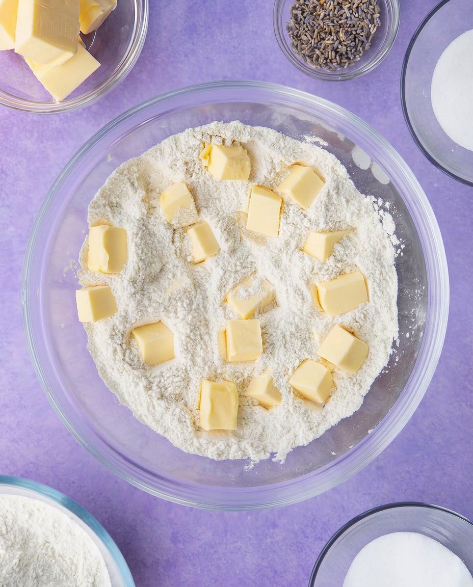 Overhead view of butter, sugar, flour, and dried culinary lavender