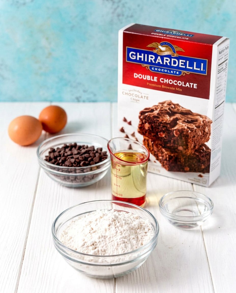 Overhead view of boxed brownie mix, eggs, vegetable oil, water, flour, and chocolate chips.