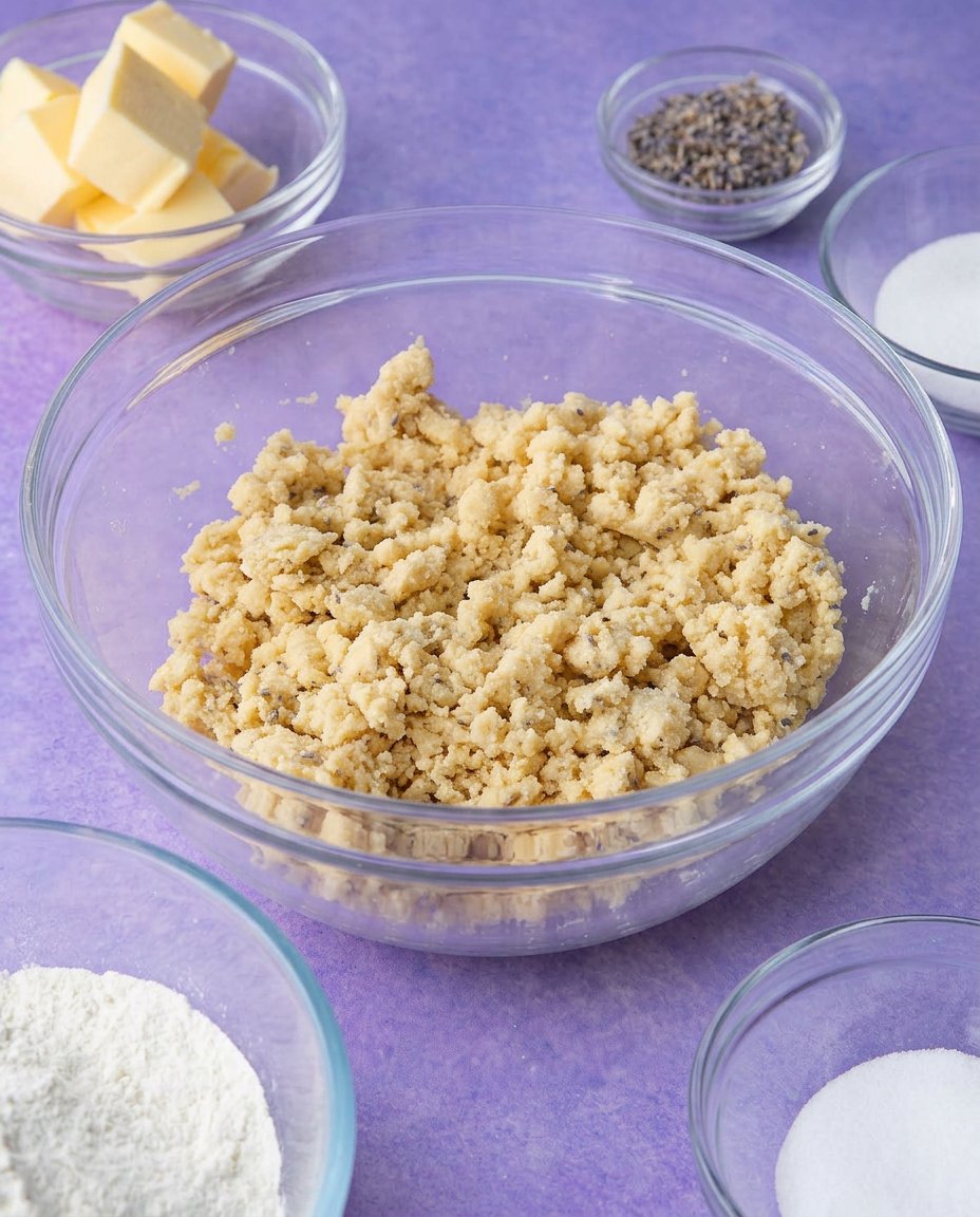 Grinding dried lavender flowers in a small mortar and pestle