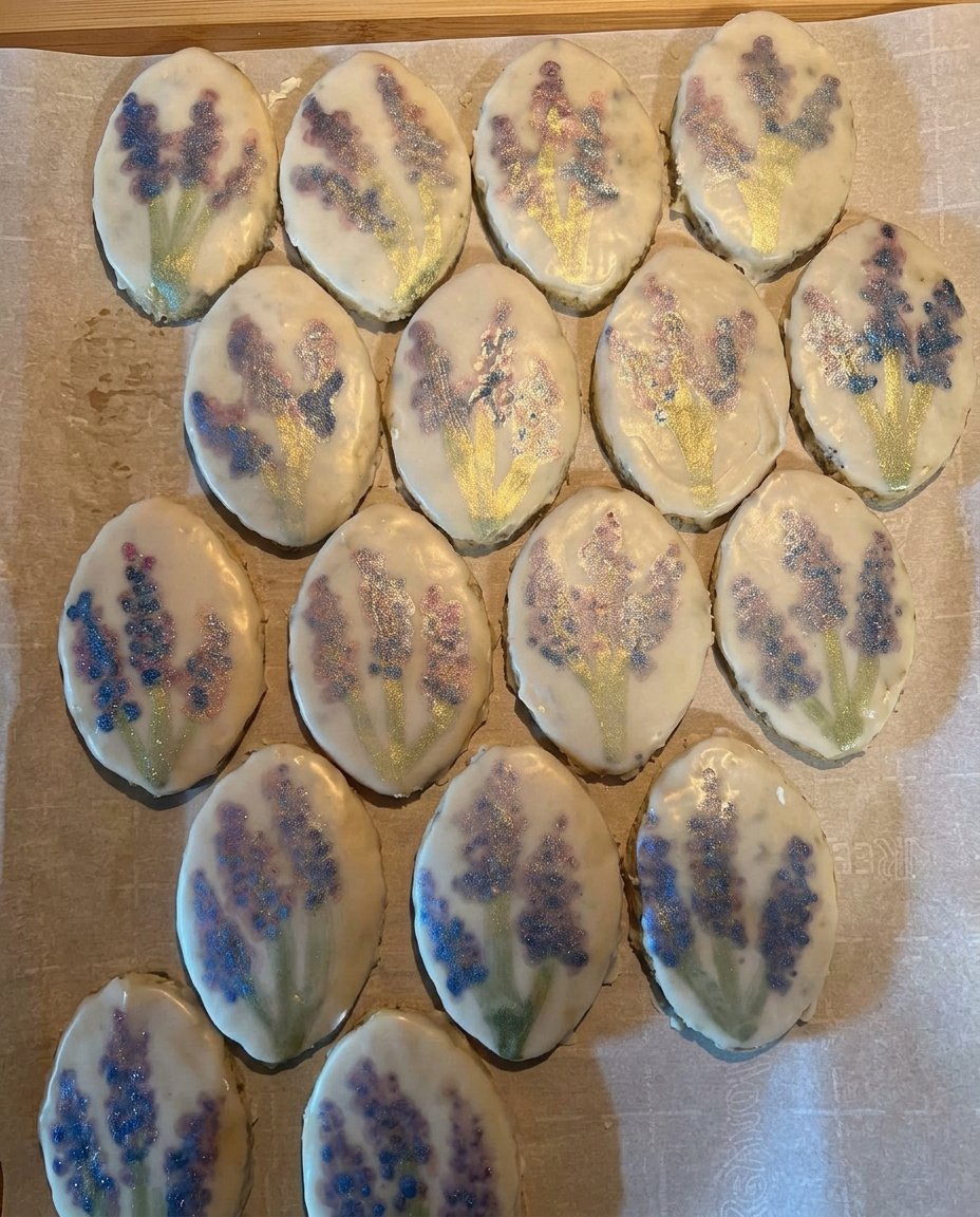 White chocolate dipped lavender shortbread served with a cup of Earl Grey tea