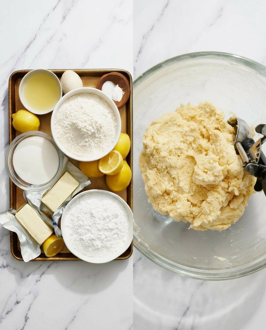 Ingredients for lemon cookies including fresh lemons, flour, butter, and a zester.