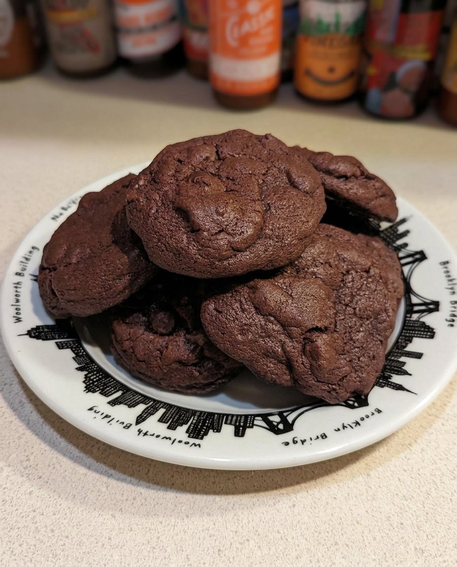 Stack of chewy brownie mix cookies with molten chocolate chips showing crisp edges.