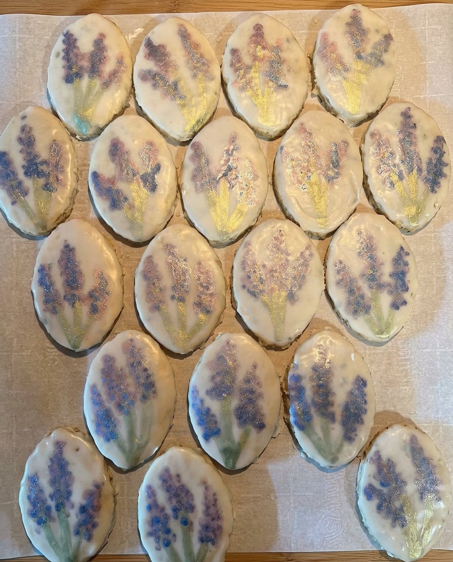 Lavender shortbread cookies stacked next to dried lavender sprigs