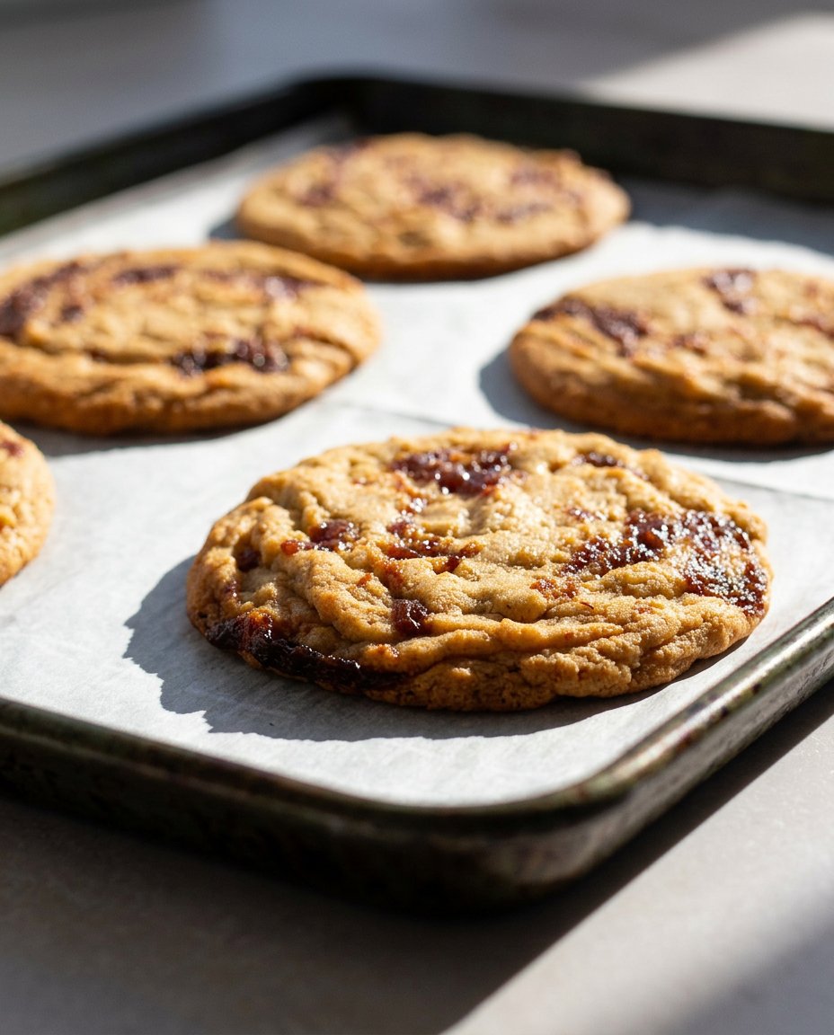 Warm miso caramel cookies on a cooling rack with a caramel swirl