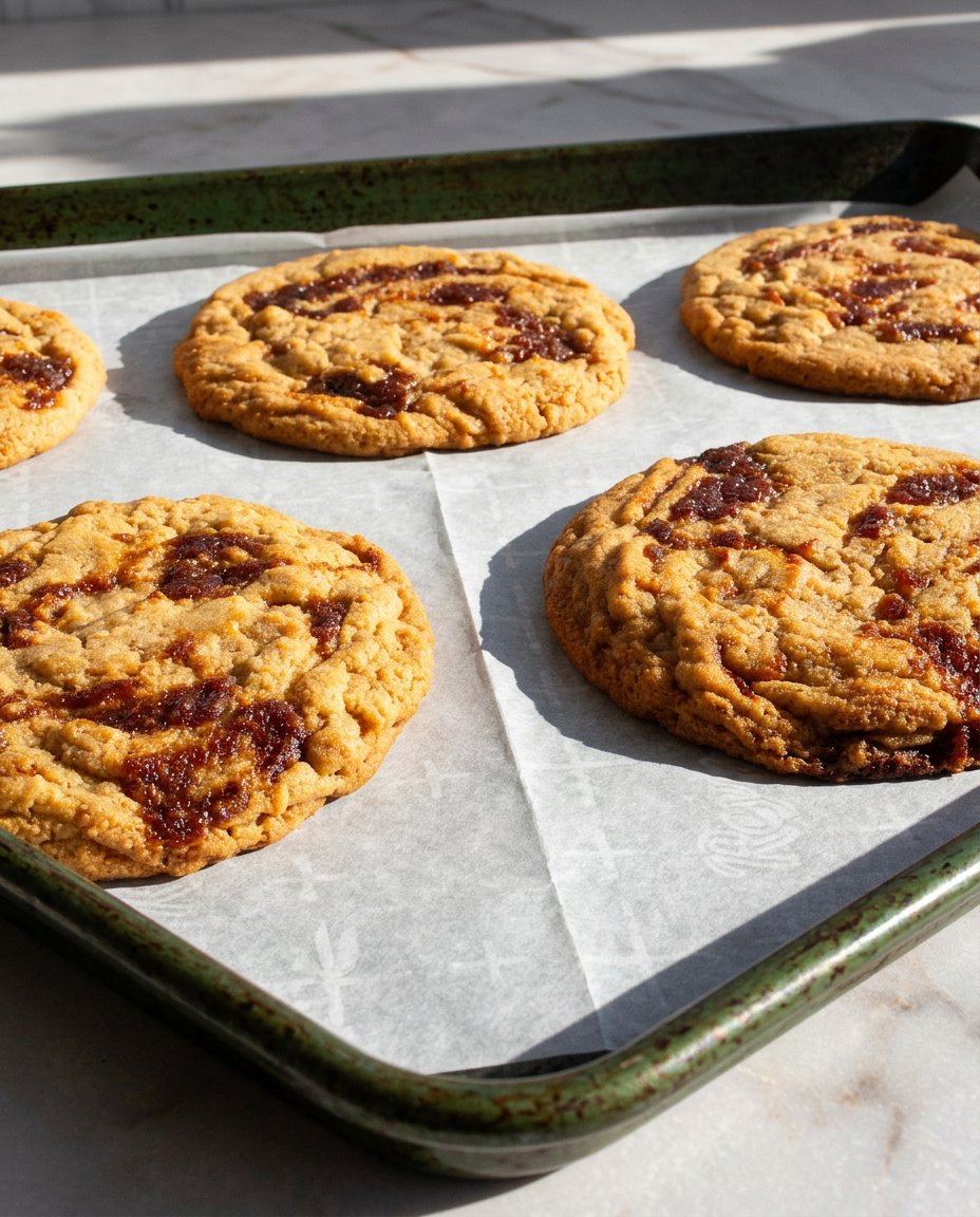 A stack of fresh miso caramel cookies served with a glass of milk