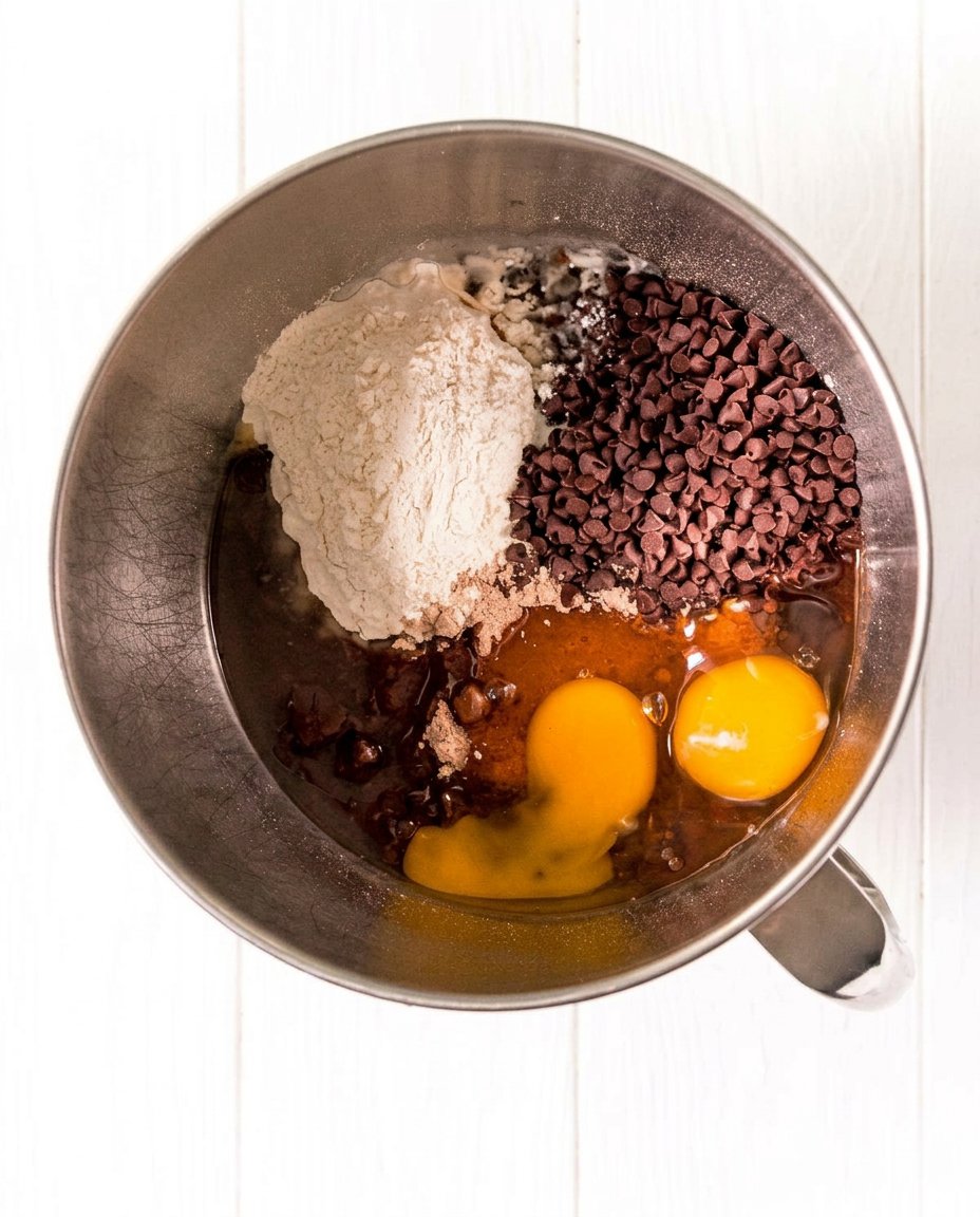 Thick chocolate brownie cookie dough being scooped onto a parchment lined baking sheet.