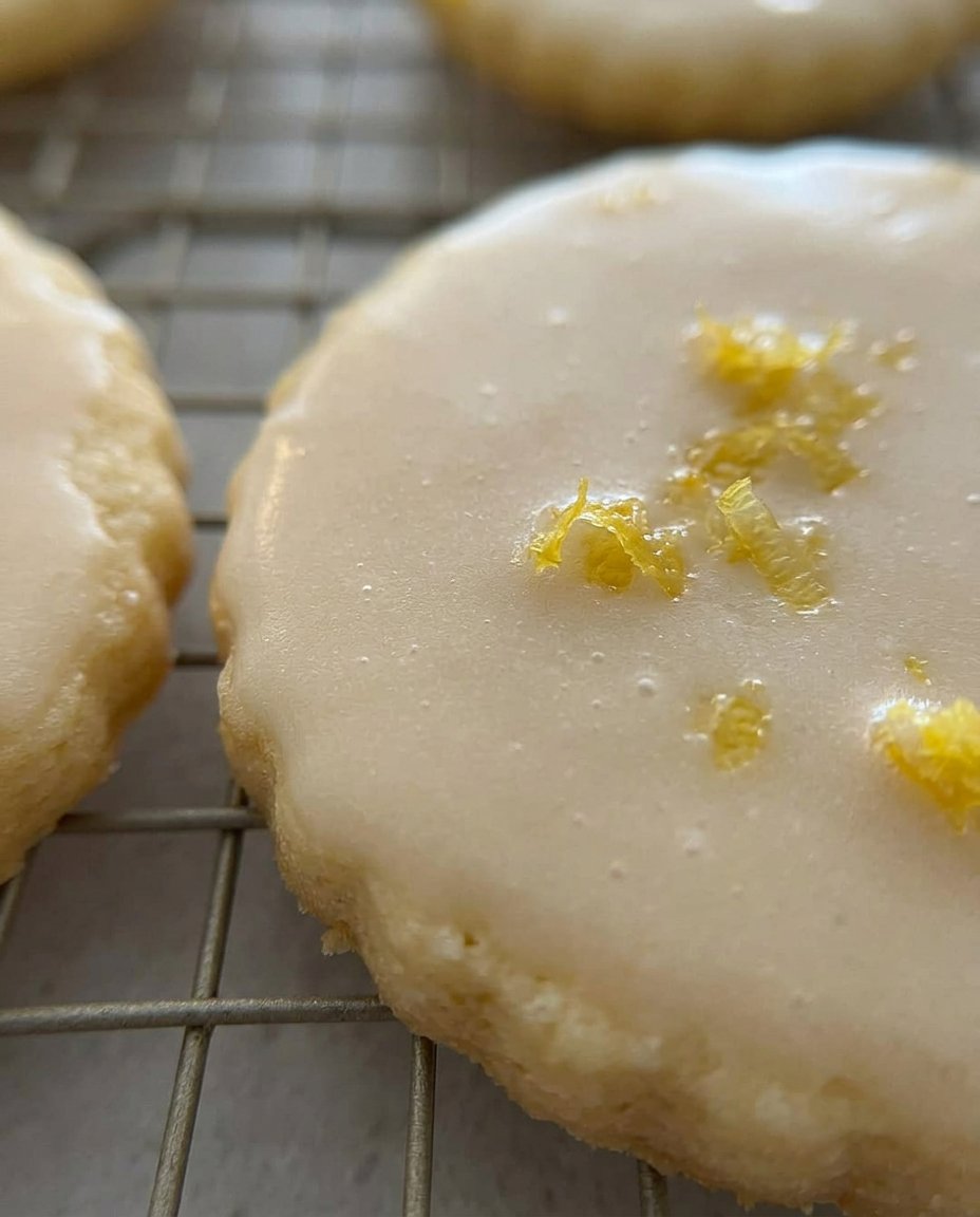 A beautiful platter of glazed lemon cookies served with a cup of tea.