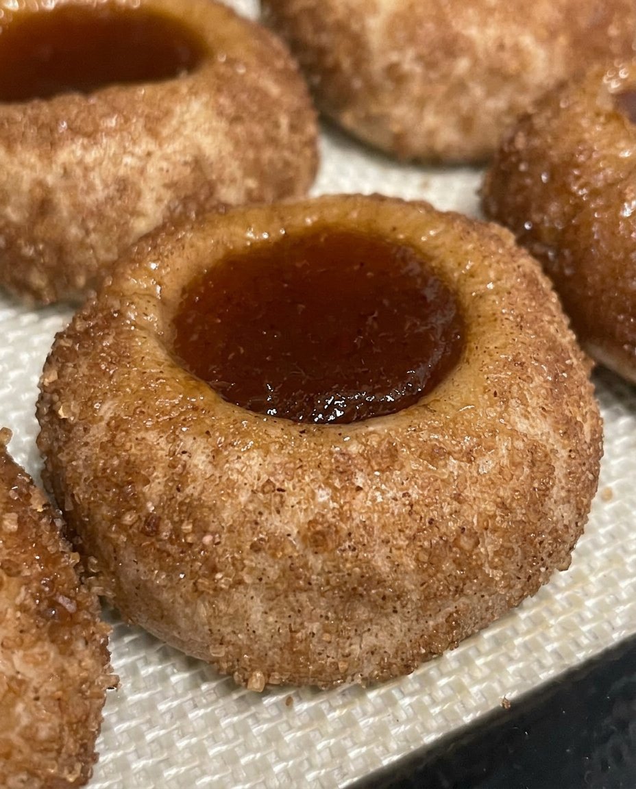 Peach thumbprint cookies served with a cup of coffee and a napkin