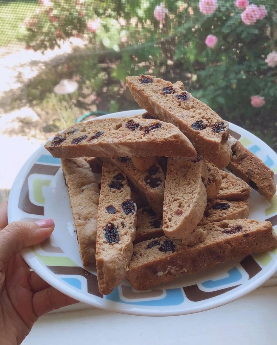 A serrated knife slicing a warm biscotti log into uniform strips